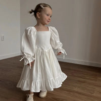 Kids Puff Sleeve White Dress Girls Cotton Linen Lolita Princess Dresses for Birthday Evening Party Clothes 2 4 6 8 Years Old