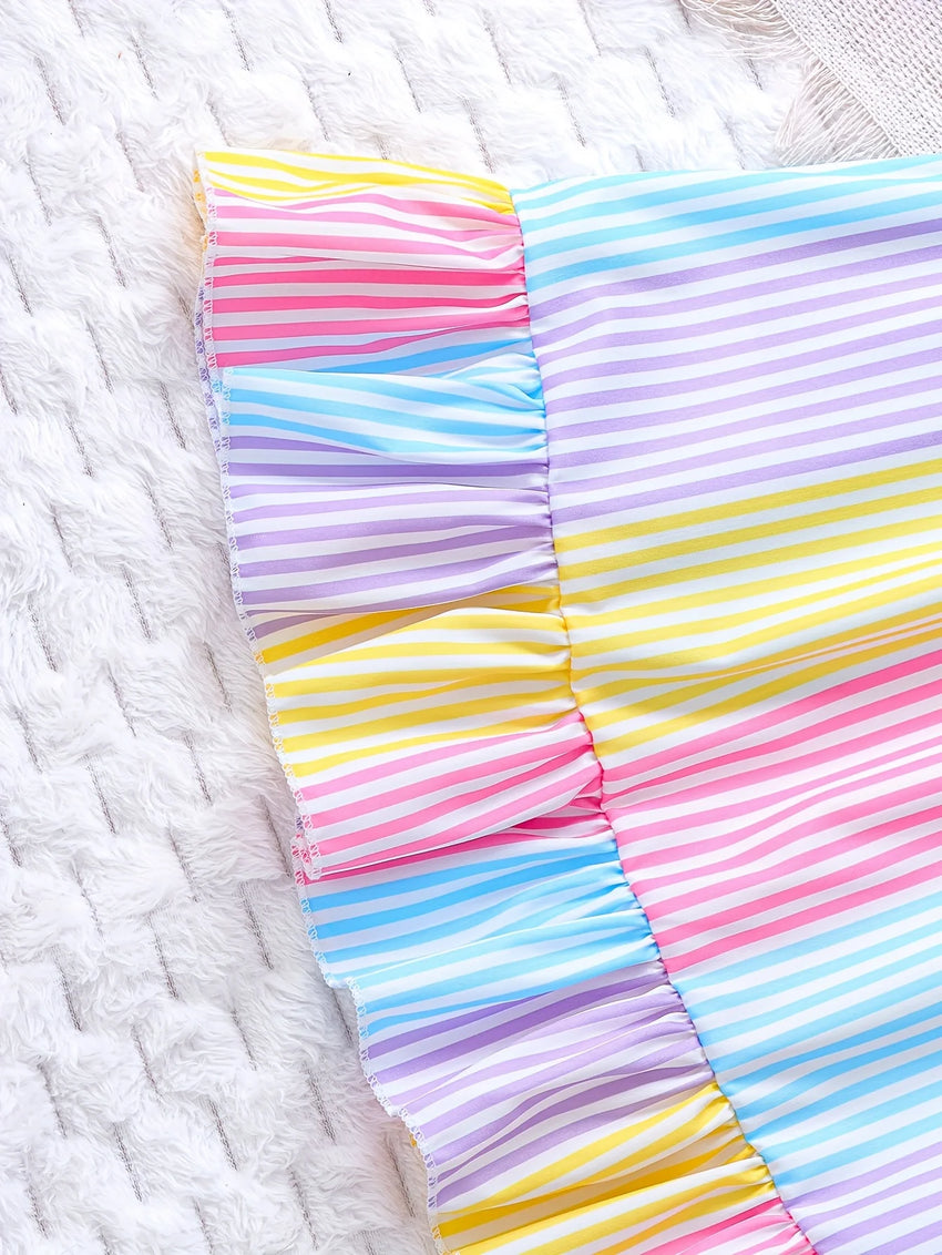 Girls' Summer Colorful Striped Ruffle Hem Dress Children's Summer Vacation Beach Play Suspender Dress