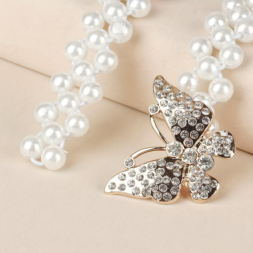 Elegant Butterfly Buckle Belt with Faux Pearls and Rhinestones - Elastic Waistband for Dresses and Girdles