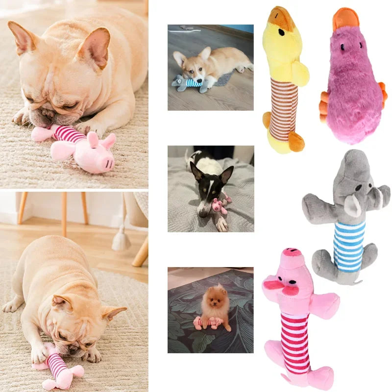Striped Plush Dog Toys Squeaky Assorted Animals Duck Pig Hippo Shapes Durable Bite Resistant Safe Washable Fun Pet Supplies