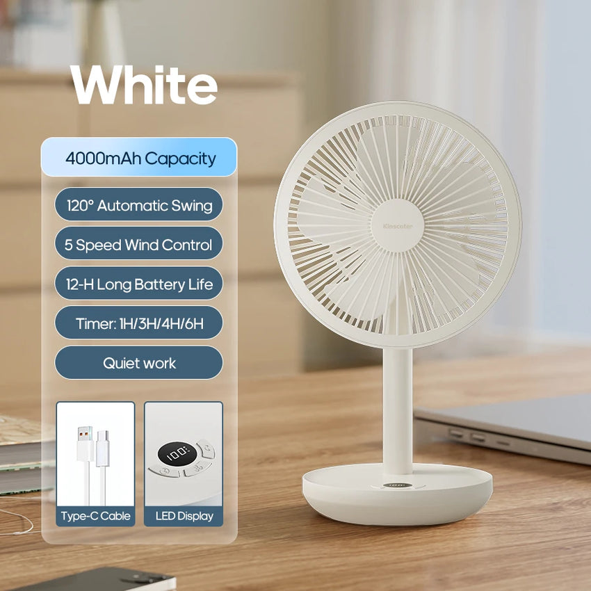 New Portable Smart Oscillating Desk Fan 4000mAh 5 Gear Speed Silent Desktop Rechargeable Fan Angle Adjustable for Home Office