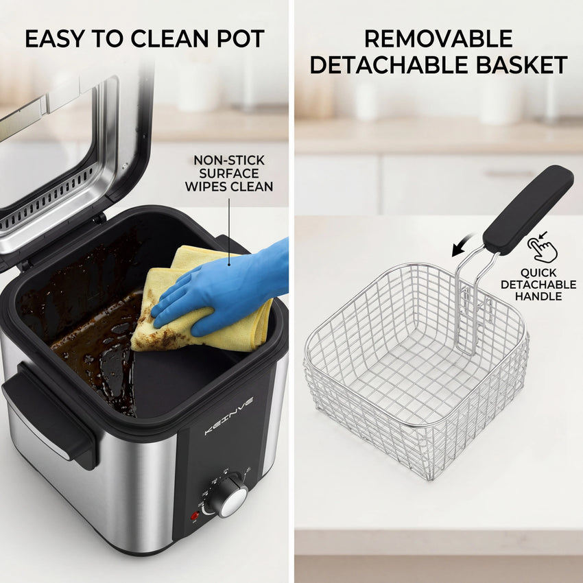 1.5L Electric Deep Fryer with Temp Control, Removable Lid With Odor Filter And Viewing Window, Immersion Frying Basket