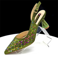2026 New Elegant Green Pointed-Toe High Heels & Matching Bag Set with Diamond Design for Women's Party Wear - Italian Trend