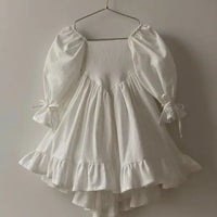 Kids Puff Sleeve White Dress Girls Cotton Linen Lolita Princess Dresses for Birthday Evening Party Clothes 2 4 6 8 Years Old
