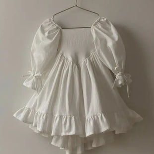 Kids Puff Sleeve White Dress Girls Cotton Linen Lolita Princess Dresses for Birthday Evening Party Clothes 2 4 6 8 Years Old