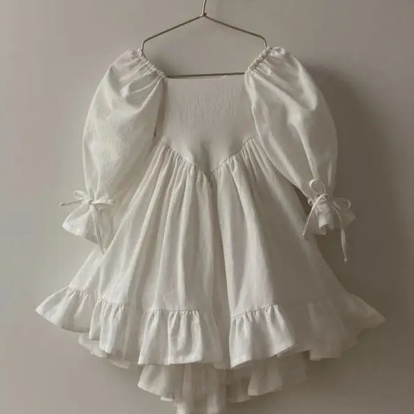 Kids Puff Sleeve White Dress Girls Cotton Linen Lolita Princess Dresses for Birthday Evening Party Clothes 2 4 6 8 Years Old