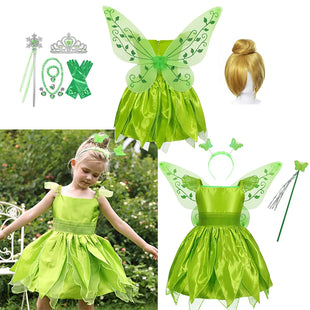 Girls Party Dresses Fairy Green Costume for Girl Tinkerbell Children Clothing Princess Elf Birthday Ball Gown Wing Dresses