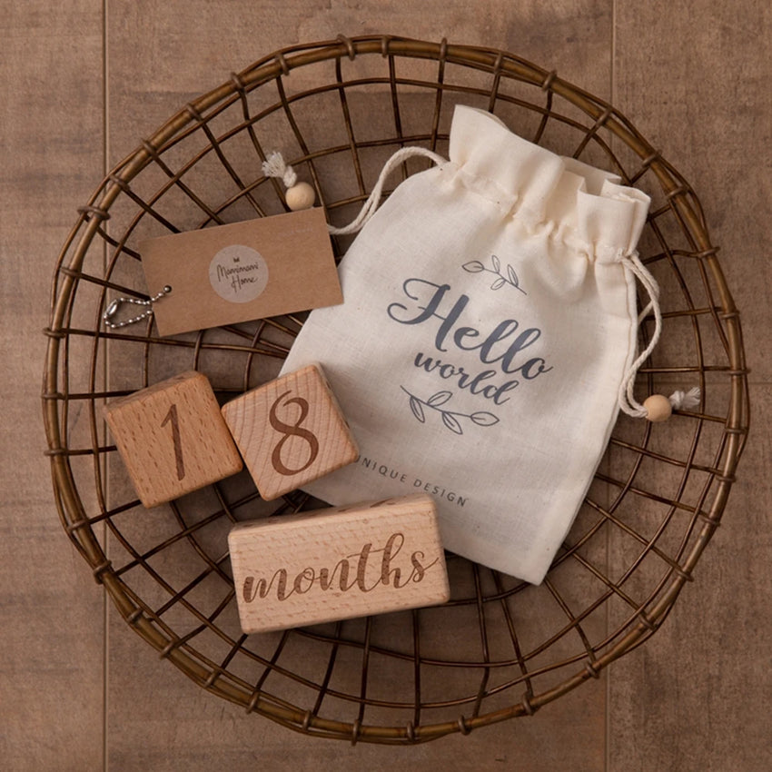 3pc/set Raw Wood Baby Month Milestone Card Beech Block Square Engraved Newborn Month Birthday Milestones Block Photography Props