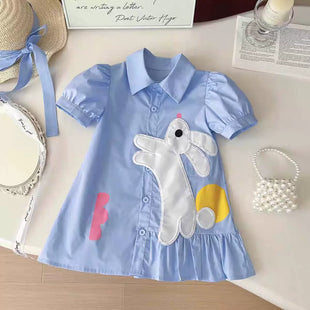 Girls' Dress Summer New Style Children's Dress Blue Sweet Shirt Dress for Little Girls Short-Sleeved Rabbit Cartoon Cute Dress