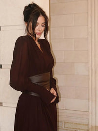 Elegant Retro Solid Color Women's Dresses Fashion V Neck Split Long Dresses Autumn New Women's Party Long Sleeved A-line Dress