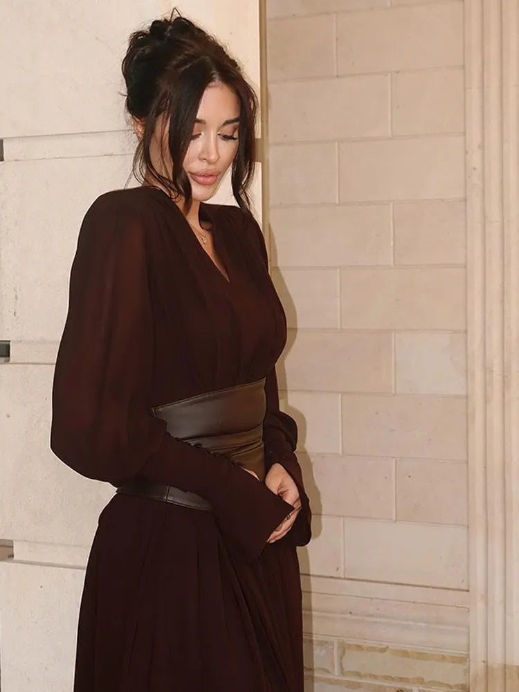 Elegant Retro Solid Color Women's Dresses Fashion V Neck Split Long Dresses Autumn New Women's Party Long Sleeved A-line Dress