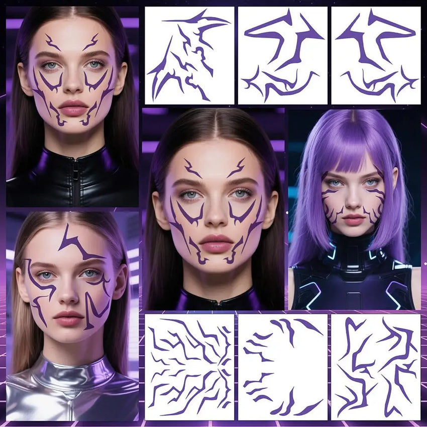 Kpop Temporary Tattoos, Purple Lightning Bold Makeup for Cosplay Role Play, Waterproof Face Art Stickers 1pcs Random