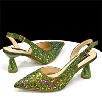 2026 New Elegant Green Pointed-Toe High Heels & Matching Bag Set with Diamond Design for Women's Party Wear - Italian Trend