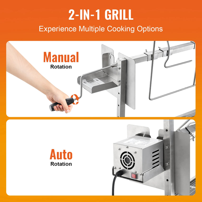 SucceBuy 35inch Rotisserie Grill Electric Motor Charcoal Spit Grill Stainless Steel Roaster w/Lockable Wheels for Camping