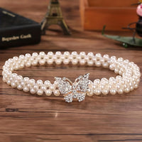 Elegant Butterfly Buckle Belt with Faux Pearls and Rhinestones - Elastic Waistband for Dresses and Girdles