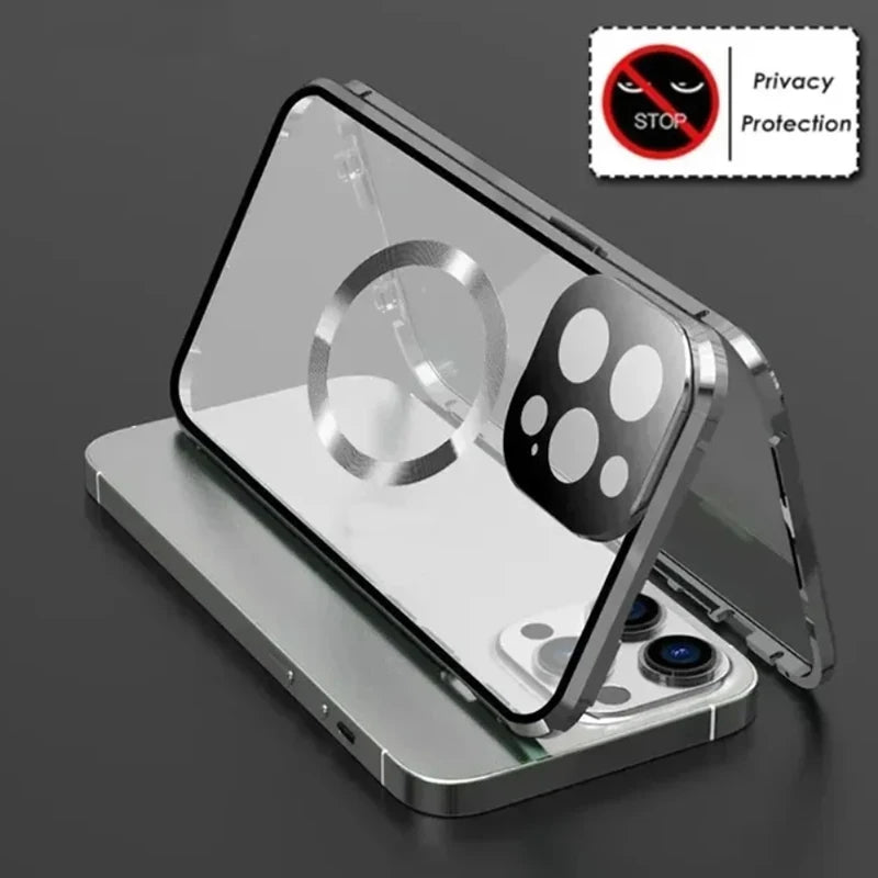 Metal Magnetic Anti Peeping Privacy Case For iPhone 17 16e 15 14 13 12Pro Max Magsafe Case 360 Protection Shockproof Phone Cover