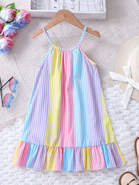 Girls' Summer Colorful Striped Ruffle Hem Dress Children's Summer Vacation Beach Play Suspender Dress