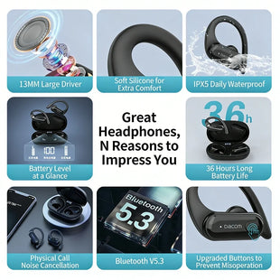 DACOM L19 Wireless Headphones Bluetooth 5.3 Earphones True with Mic Button Control Noise Reduction Earhooks Waterproof Headset