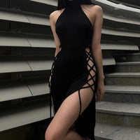 Goth Dark Cosplay High Split Sexy Bandage Women Dresses Y2K Mall Gothic Halter Slim Midi Dress Black Grunge Style Alt Partywear