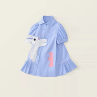 Girls' Dress Summer New Style Children's Dress Blue Sweet Shirt Dress for Little Girls Short-Sleeved Rabbit Cartoon Cute Dress