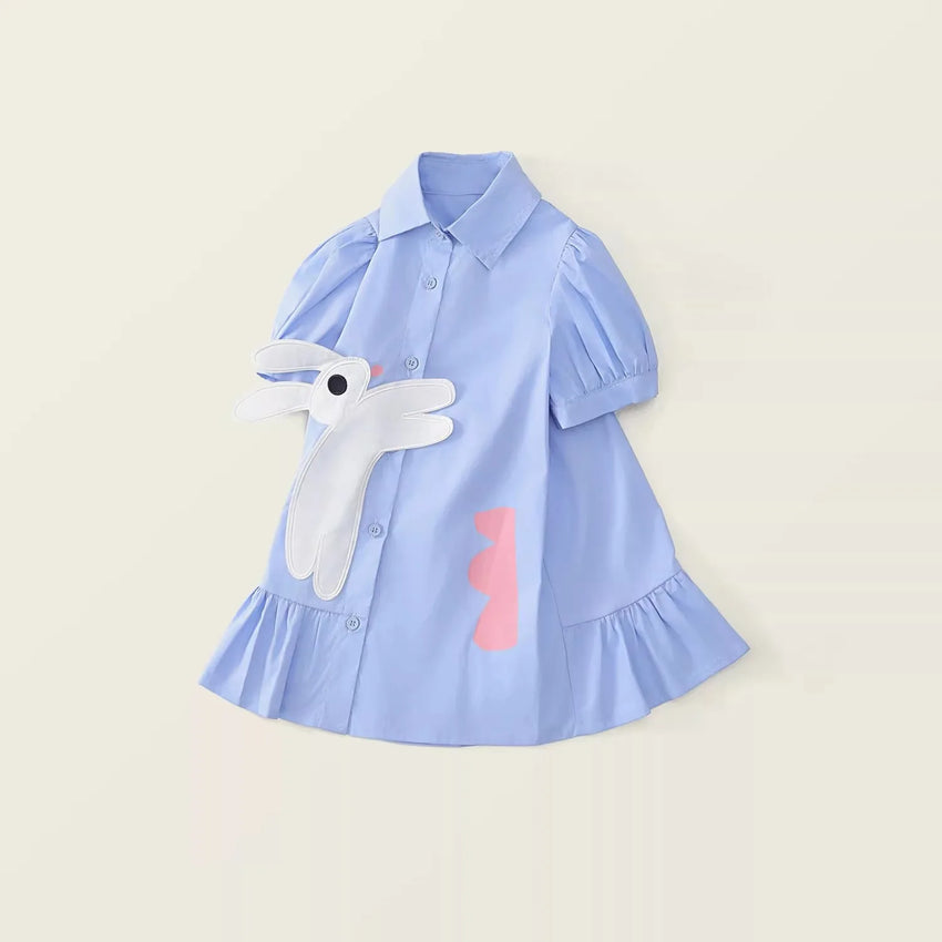 Girls' Dress Summer New Style Children's Dress Blue Sweet Shirt Dress for Little Girls Short-Sleeved Rabbit Cartoon Cute Dress