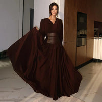 Elegant Retro Solid Color Women's Dresses Fashion V Neck Split Long Dresses Autumn New Women's Party Long Sleeved A-line Dress