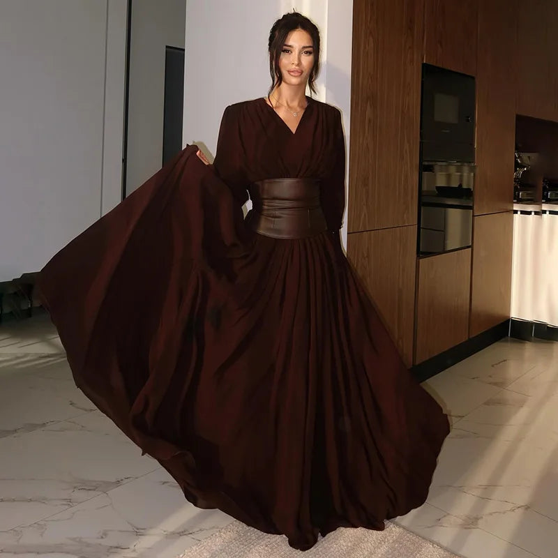 Elegant Retro Solid Color Women's Dresses Fashion V Neck Split Long Dresses Autumn New Women's Party Long Sleeved A-line Dress