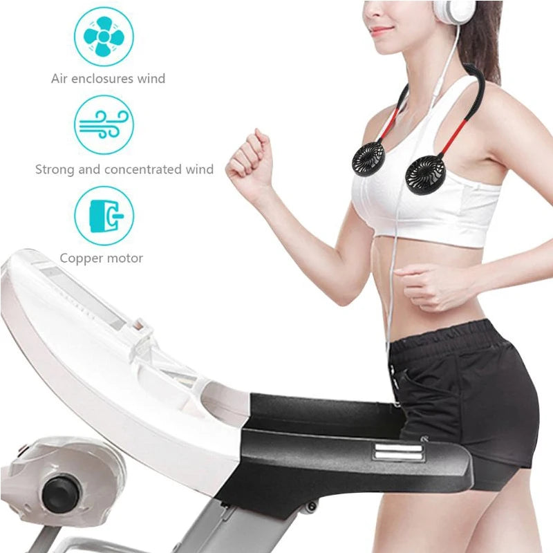 USB Rechargeable Mini Sports 3-Speed Adjustable Neck Dual Fan Home OfficeOutdoor Travel Portable Hanging Neck Fan