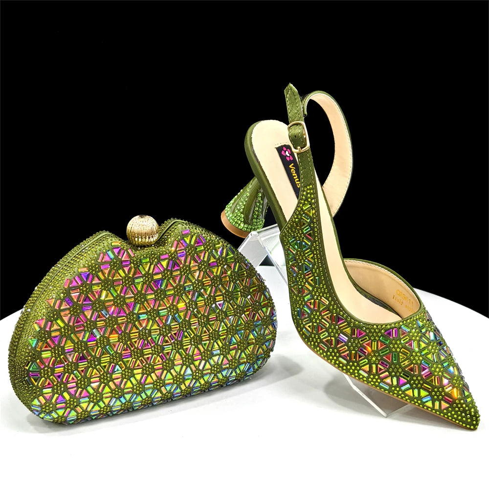 2026 New Elegant Green Pointed-Toe High Heels & Matching Bag Set with Diamond Design for Women's Party Wear - Italian Trend