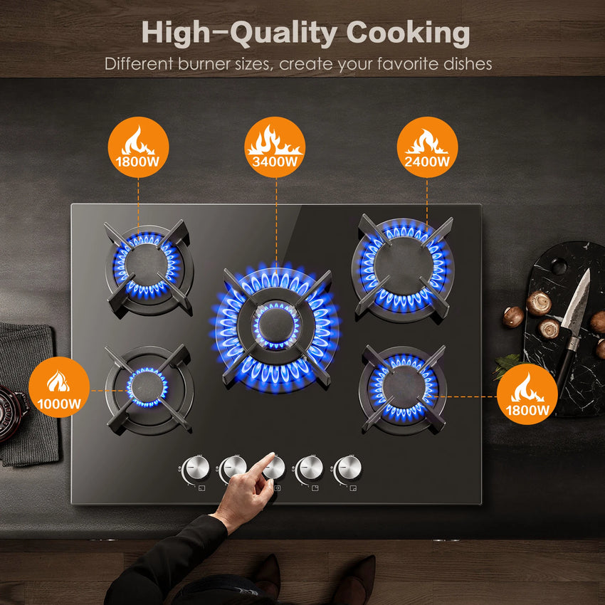 5 Burners 70 cm Glass with Automatic Flame Protection, Natural Gas Propane Gas, Built-in Gas Hob