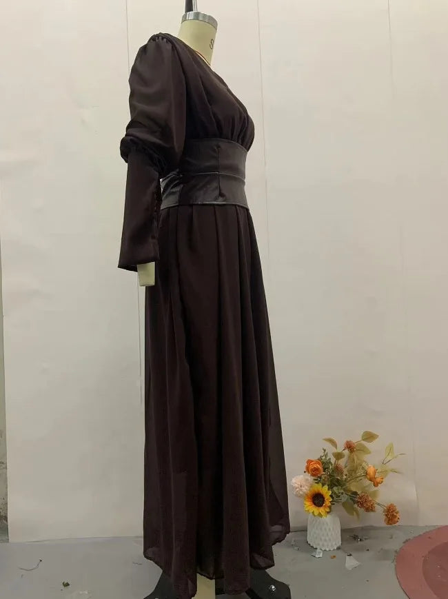 Elegant Retro Solid Color Women's Dresses Fashion V Neck Split Long Dresses Autumn New Women's Party Long Sleeved A-line Dress