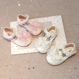 Chic Girls Dress Shoes for Wedding Party Bling Sequins with Rhinestone Butterfly Sweet Princess Chic Kids Flat Shoes Lace Beaded