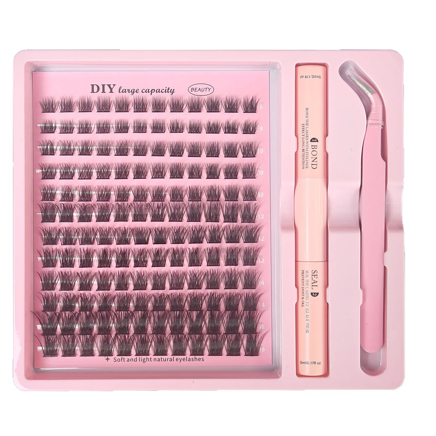 DIY Clusters Lash Kit Full Set 8-16mm Mix Bond&Seal Tweezers Lash for Self Application Makeup Individual Eyelash Extensions