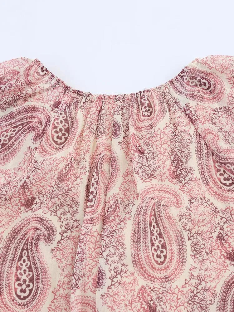 2025 Women Summer MIDI Dress Vintage Print Chiffon V-Neck Cascading Ruffle Long Sleeve Female Elegant Street Dresses Clothing