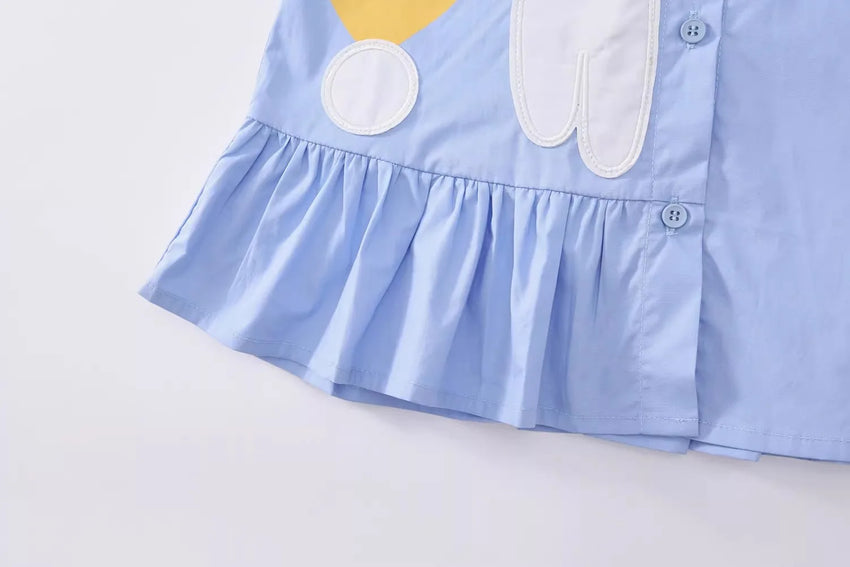 Girls' Dress Summer New Style Children's Dress Blue Sweet Shirt Dress for Little Girls Short-Sleeved Rabbit Cartoon Cute Dress
