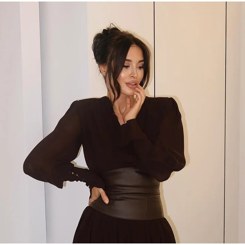 Elegant Retro Solid Color Women's Dresses Fashion V Neck Split Long Dresses Autumn New Women's Party Long Sleeved A-line Dress
