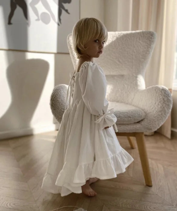 Kids Puff Sleeve White Dress Girls Cotton Linen Lolita Princess Dresses for Birthday Evening Party Clothes 2 4 6 8 Years Old