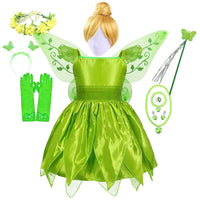 Girls Party Dresses Fairy Green Costume for Girl Tinkerbell Children Clothing Princess Elf Birthday Ball Gown Wing Dresses