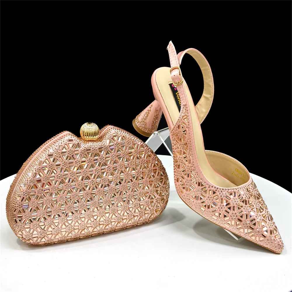 2026 New Elegant Green Pointed-Toe High Heels & Matching Bag Set with Diamond Design for Women's Party Wear - Italian Trend