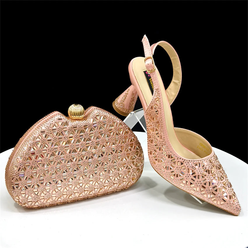 2026 New Elegant Green Pointed-Toe High Heels & Matching Bag Set with Diamond Design for Women's Party Wear - Italian Trend