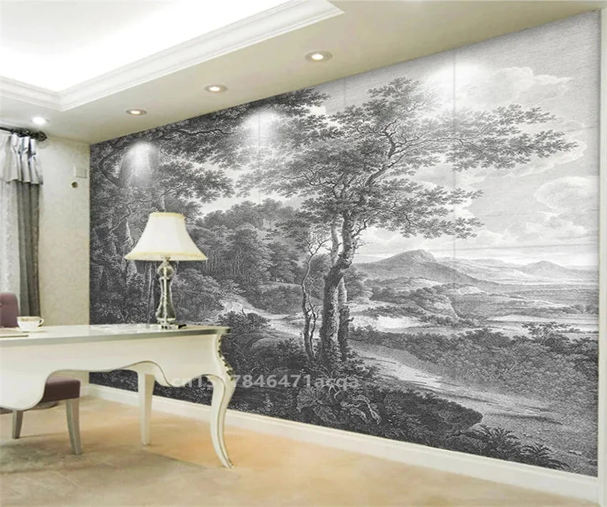 Custom Size wall papers 3D Nordic art black and white landscape waterfall porch mural Retro Hand Painted Forest Tree home decor