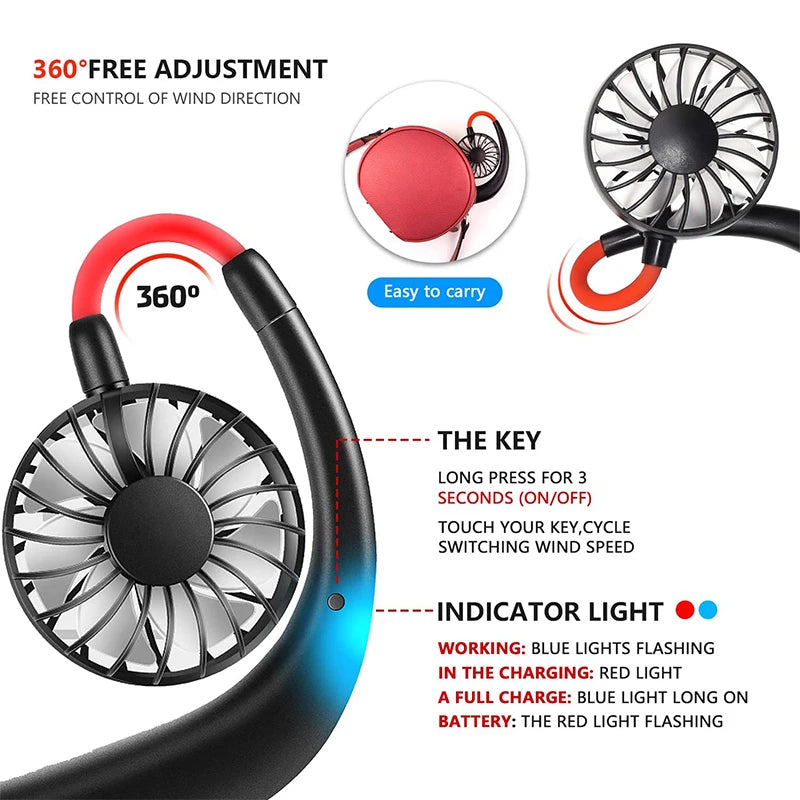 USB Rechargeable Mini Sports 3-Speed Adjustable Neck Dual Fan Home OfficeOutdoor Travel Portable Hanging Neck Fan