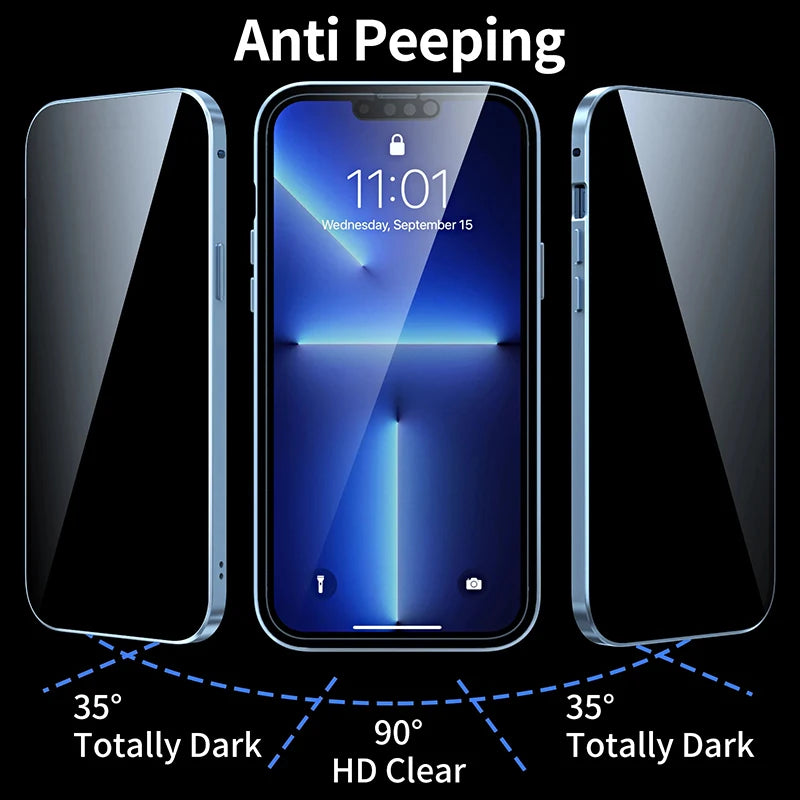 360°Full Protection Metal Magnetic Double-Sided Glass Snap Lock Anti Peeping Phone Case For iPhone 15 14 13 12 16 Pro Max Cover