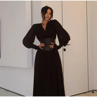 Elegant Retro Solid Color Women's Dresses Fashion V Neck Split Long Dresses Autumn New Women's Party Long Sleeved A-line Dress