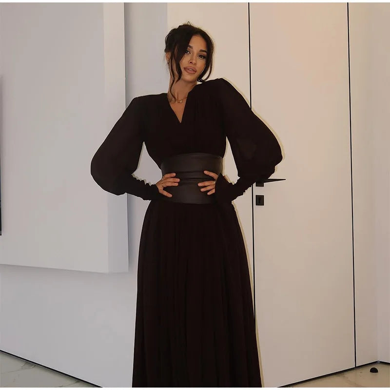 Elegant Retro Solid Color Women's Dresses Fashion V Neck Split Long Dresses Autumn New Women's Party Long Sleeved A-line Dress