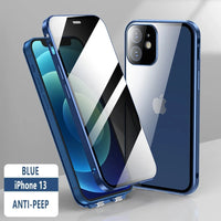 360°Full Protection Metal Magnetic Double-Sided Glass Snap Lock Anti Peeping Phone Case For iPhone 15 14 13 12 16 Pro Max Cover