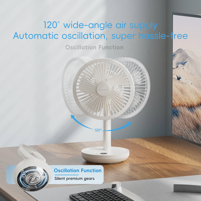 New Portable Smart Oscillating Desk Fan 4000mAh 5 Gear Speed Silent Desktop Rechargeable Fan Angle Adjustable for Home Office
