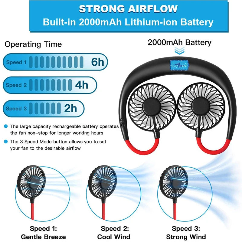 USB Rechargeable Mini Sports 3-Speed Adjustable Neck Dual Fan Home OfficeOutdoor Travel Portable Hanging Neck Fan