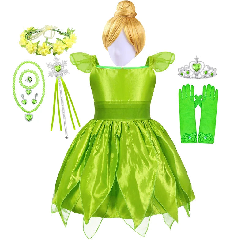 Girls Party Dresses Fairy Green Costume for Girl Tinkerbell Children Clothing Princess Elf Birthday Ball Gown Wing Dresses