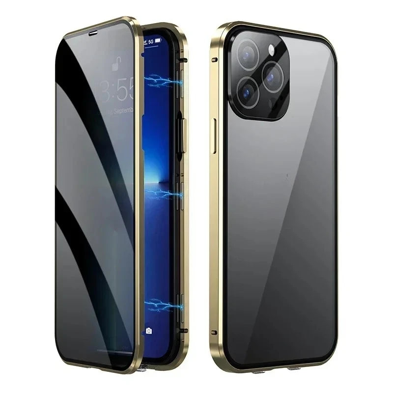 360 ° Full Protection Metal Magnetic Double-Sided Glass Snap Lock Privacy Case For iPhone 17 16 15 14 Plus 13 12 11 Pro Max 16E